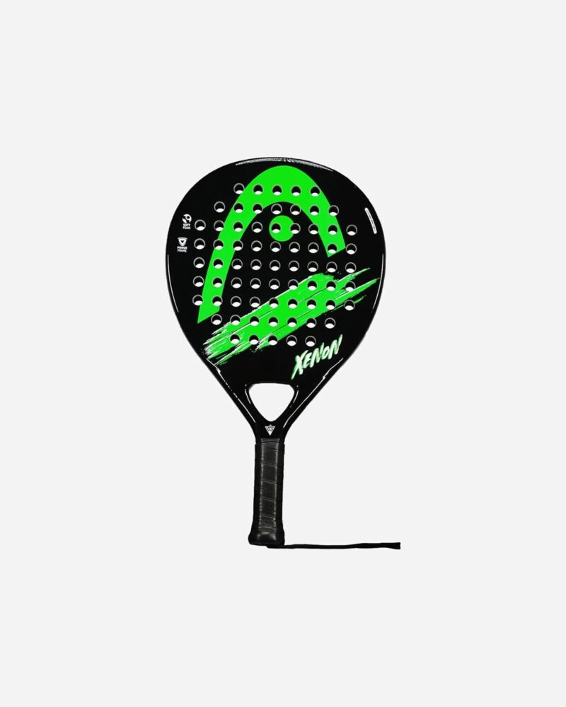 HEAD Xenon Padel Racket Black and Green close-up featuring soft foam core and carbon fiber frame for precision and comfort