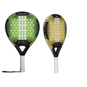 Adidas Drive 3.2 Green and Yellow padel racket featuring a lightweight fiberglass build with round head shape for beginner-level comfort and control