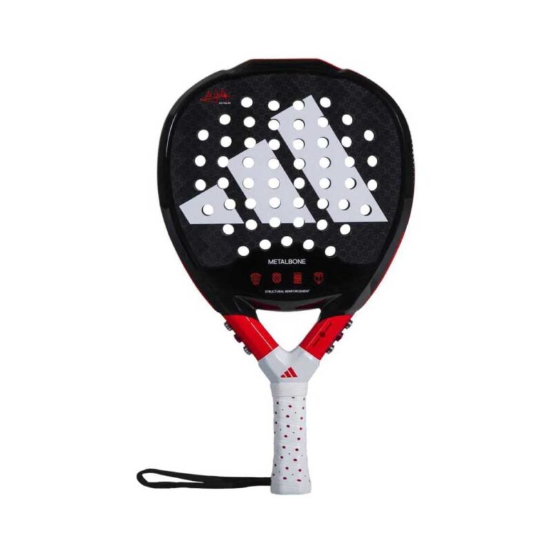 Adidas Metalbone 3.2 Carbon Padel Racket close-up showing carbon frame and polyurethane surface in black and red color design