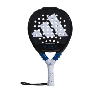 Adidas Metalbone CTRL 3.2 Padel Racket close-up showing black and blue color scheme and carbon frame for enhanced control and precision