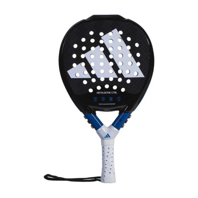 Adidas Metalbone CTRL 3.2 Padel Racket close-up showing black and blue color scheme and carbon frame for enhanced control and precision