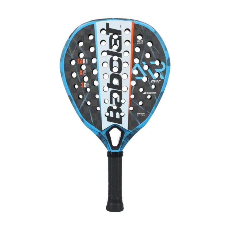 Babolat-Air-Viper-Padel-Racket Babolat Air Viper Padel Racket in nautical blue color with carbon face and hybrid frame shown on a professional padel court.