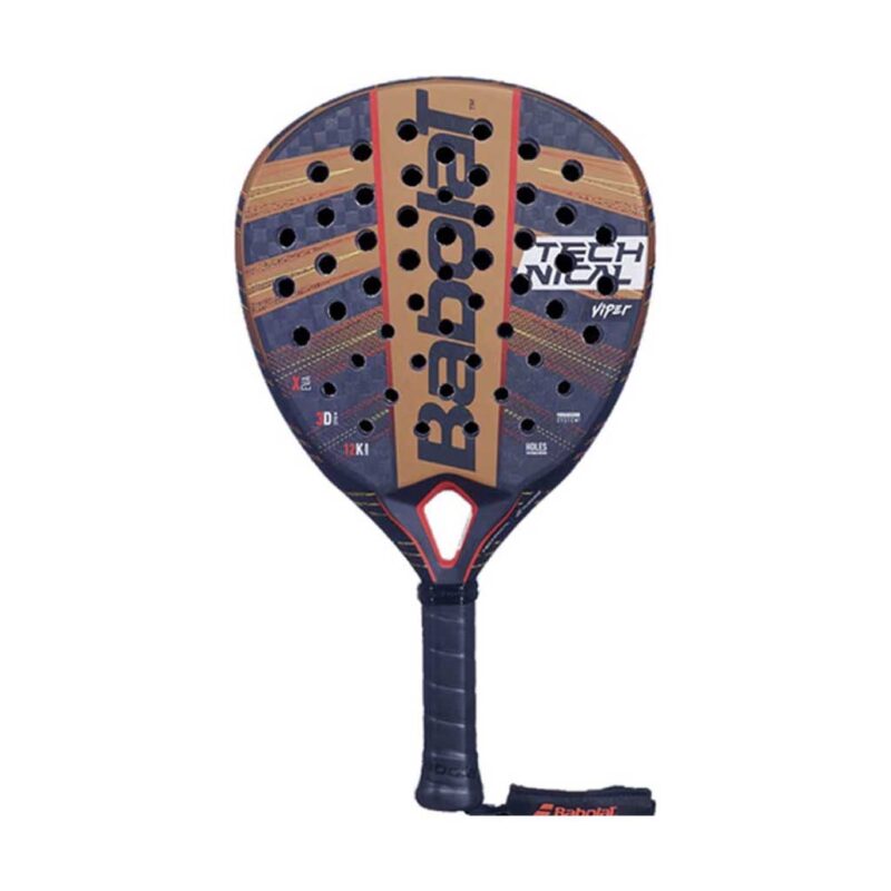 Close-up of Babolat Technical Viper Padel Racquet showing carbon fiber frame and 3D SPIN+ surface design on a padel court.