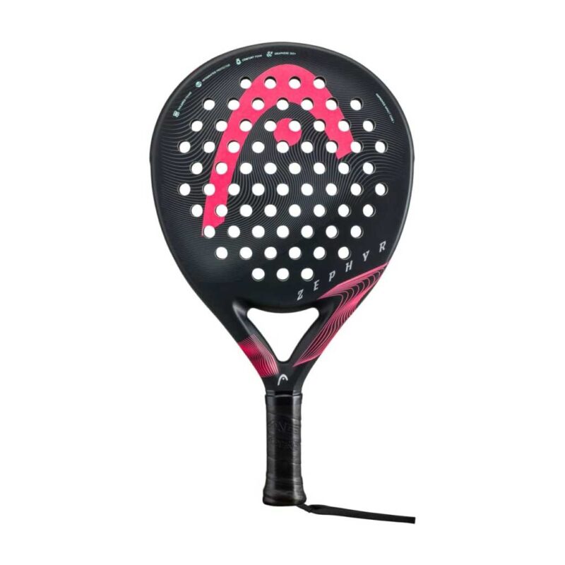 HEAD-Graphene-360-Zephyr-Padel-Racket-2 HEAD Zephyr Graphene 360 padel racket close-up featuring round shape, graphite frame, and Graphene 360+ technology