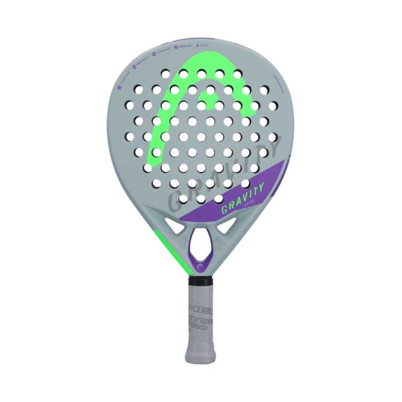 HEAD Gravity Elite Padel Racket close-up showing round shape, hybrid woven hitting surface, and control foam core for precision play