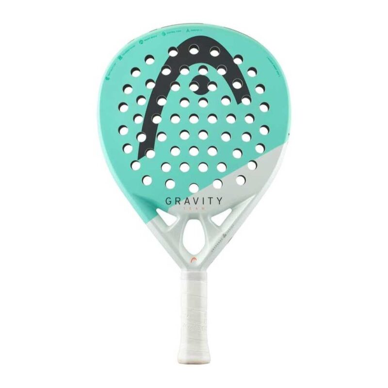 HEAD Gravity Team Padel Racket close-up showing round head, fiberglass face, and graphite frame designed for control-focused intermediate players