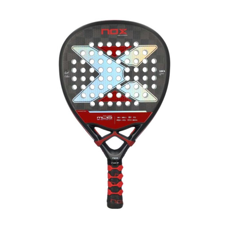 Nox-ML10-Luxury-Shotgun-Padel-Racket Close-up of Nox ML10 Luxury Shotgun Padel Racket by Miguel Lamperti, showing diamond shape and 18K carbon fiber finish.