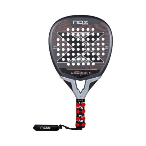 Action shot of Nox LA10 Future Padel Racket 2024 by Leo Augsburger featuring diamond shape and visible carbon design.