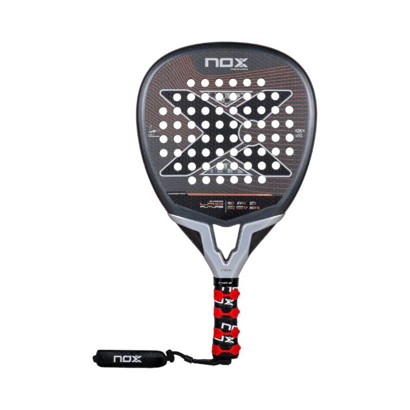 Padel-Racket-LA10-Future-2024-by-Leo-Augsburger Action shot of Nox LA10 Future Padel Racket 2024 by Leo Augsburger featuring diamond shape and visible carbon design.