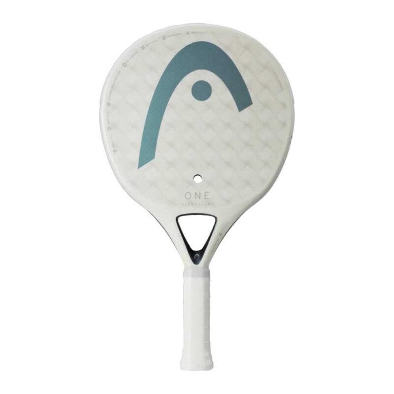 HEAD One Ultralight White padel racket close-up showing 12K carbon surface, Comfort Foam core, and lightweight round shape for beginners