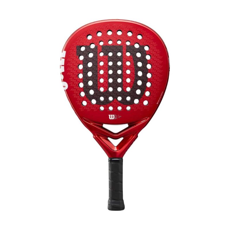 Wilson Bela Pro V2.5 Padel Racket close-up highlighting teardrop shape, Primero Carbon frame, and Spin Effect surface for professional players