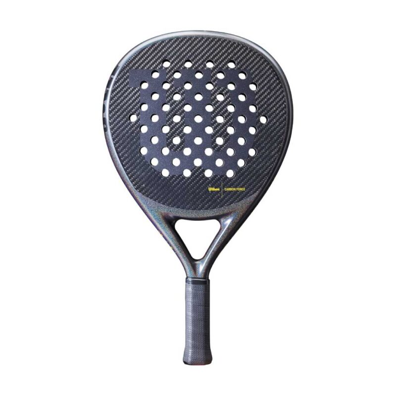 Wilson Carbon Force Pro LT Padel Racket close-up highlighting teardrop shape, carbon fiber build, and soft EVA core for advanced handling