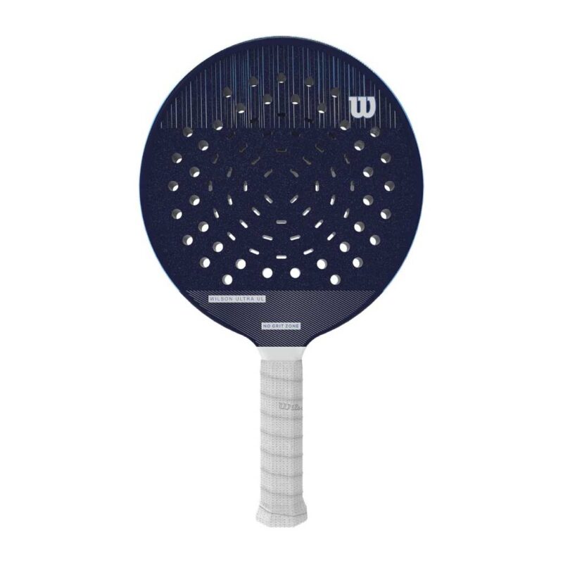 Wilson Ultra Lite Gruuv Platform Tennis Paddle close-up showcasing angled holes and textured surface for enhanced ball control and spin
