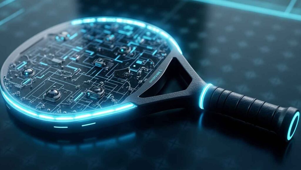 The Evolution of Padel Rackets Over the Years (1970 - 2025) 4 A conceptual illustration of future padel racket innovations, including smart sensors, carbon fiber technology, and adjustable weight systems