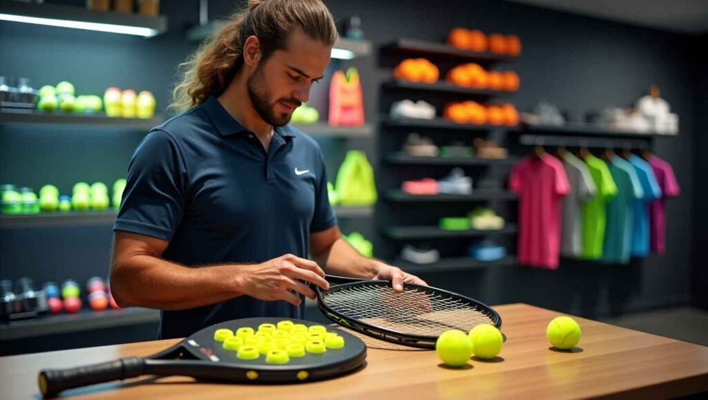 Best Padel Racket Accessories You Need for Performance (2025) 8 A padel player choosing essential racket accessories like grips, balls, and vibration dampeners