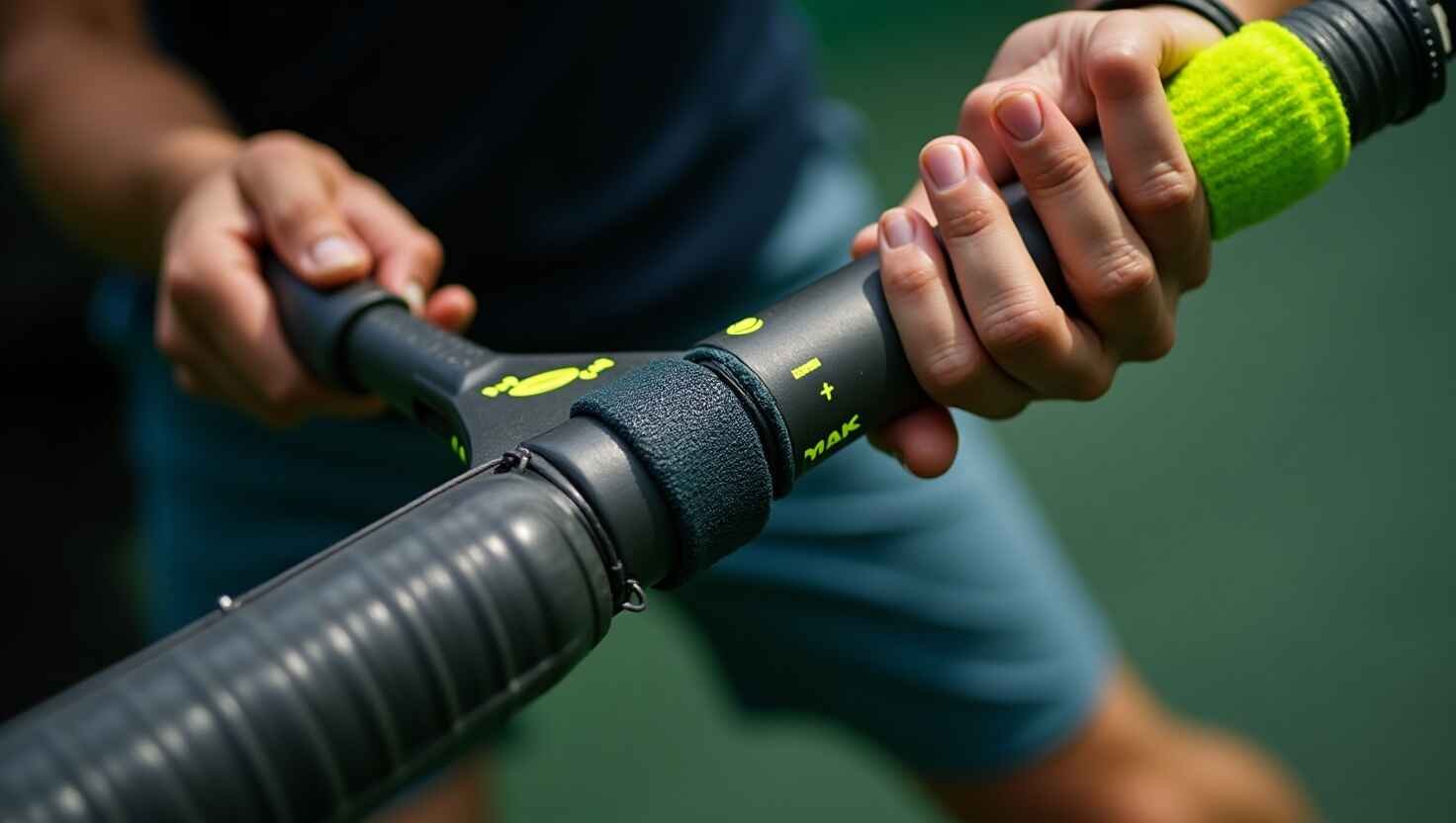 Best Padel Racket Accessories You Need for Performance (2025) 2 A padel racket with an overgrip, vibration dampener, and wristband on a court