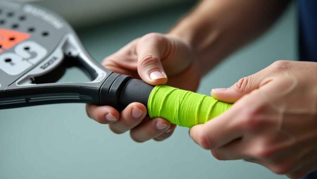 How to replace a padel racket grip: Step-by-step process showing a player wrapping a new grip around the handle