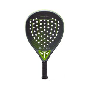 Wilson Blade Pro V2 Padel Racket close-up showing teardrop design, carbon fiber frame, and Sharp Hole technology for precise gameplay