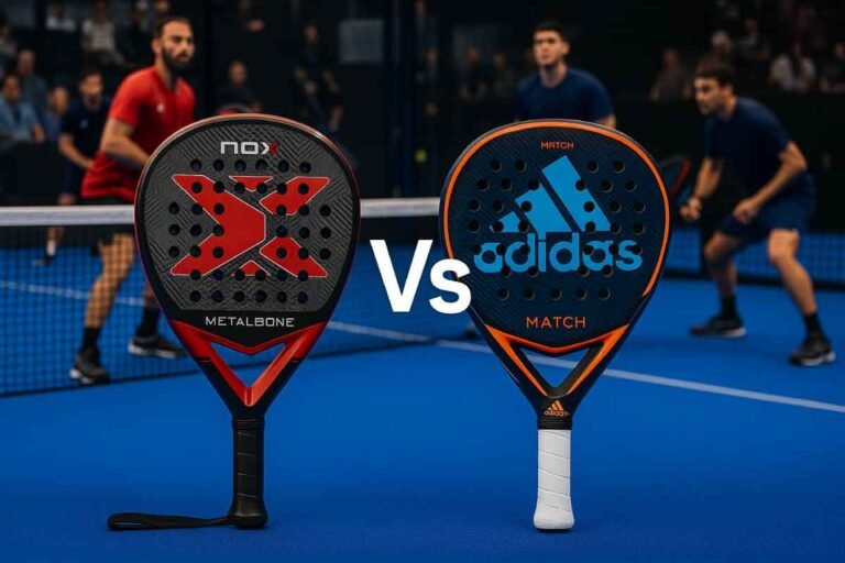Nox vs Adidas – Which Padel Racket Brand is Right for You 2025? 3 Nox vs Adidas padel rackets side-by-side on court