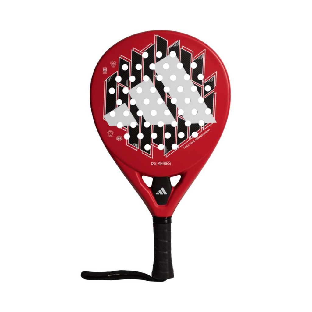 Adidas RX Series Solar Red Padel Racket close-up showing fiberglass frame and lightweight design for advanced-level control