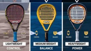 Home 47 Visual comparison of lightweight, medium, and heavy padel rackets showing how weight impacts control and power
