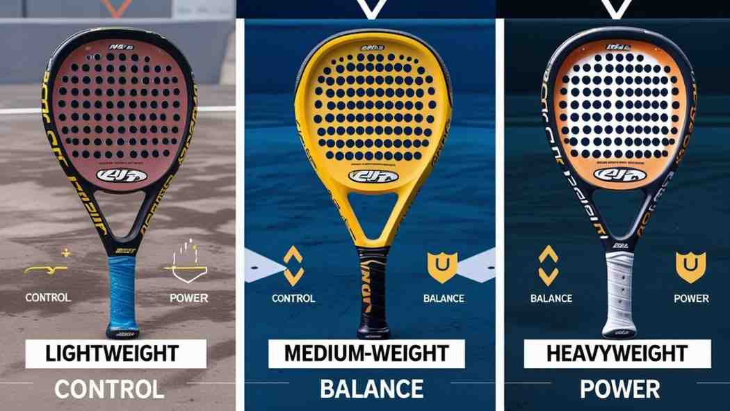 Why Does Padel Racket Weight Matter So Much? (2025 Guide) 1 Visual comparison of lightweight, medium, and heavy padel rackets showing how weight impacts control and power