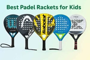 Home 43 Featured image showing five kid-friendly best padel rackets: Wilson Ultra Pro V2, Nox VK10 Future, Head Flash Pro, Babolat Counter Veron, and Adidas Drive 3.3.