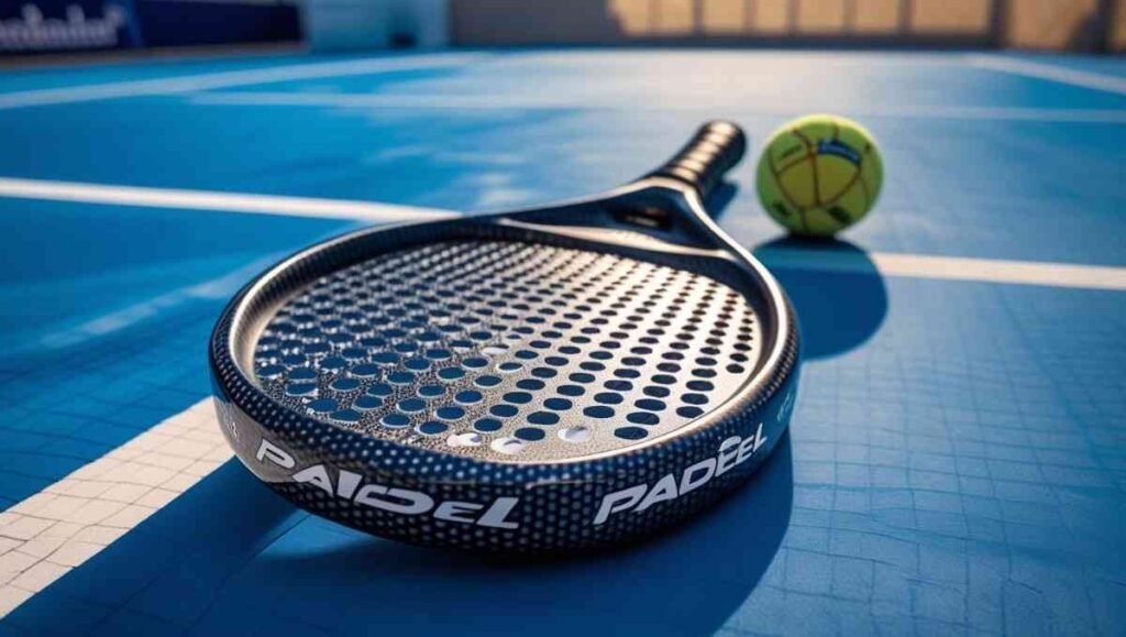 5 Best Padel Rackets for Defensive Players in 2025 (Top Control Picks) 12 Close-up of carbon fiber padel racket on a blue padel court showing textured surface and modern design
