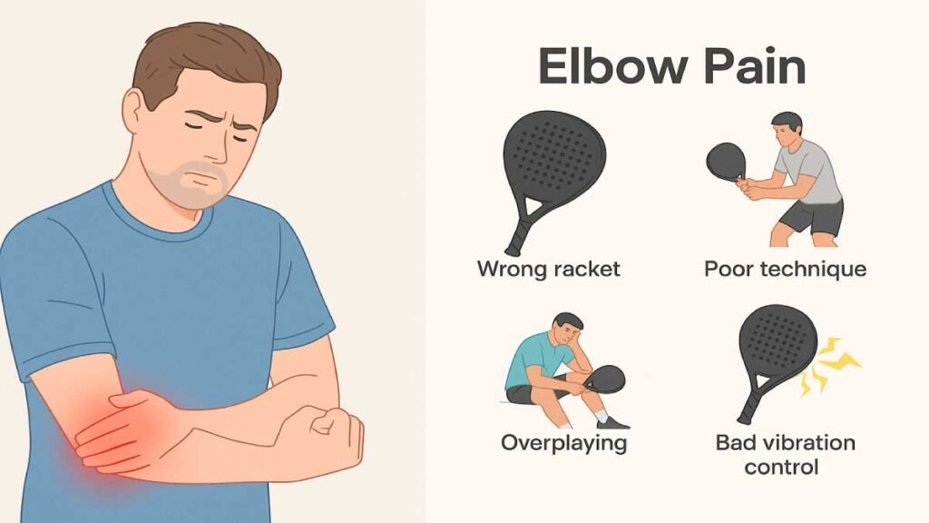 Why Do Some Padel Rackets Cause Elbow Pain & How to Fix It? 2 A padel player experiencing elbow pain with visual icons showing causes like using the wrong racket, poor technique, overplaying, and bad vibration control.