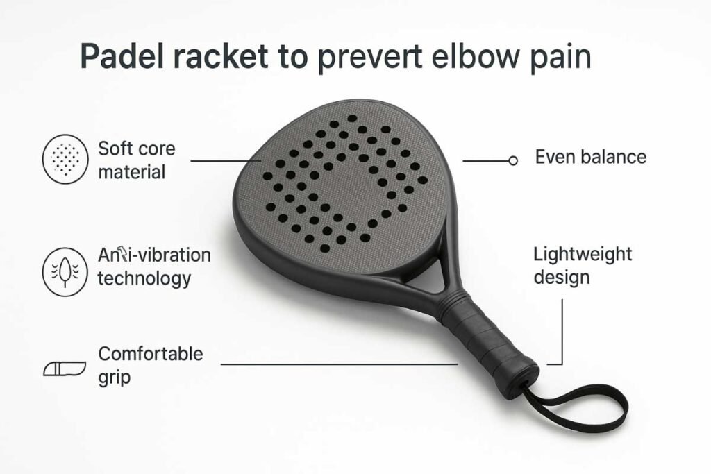 Why Do Some Padel Rackets Cause Elbow Pain & How to Fix It? 3 Padel racket with soft core, even balance, lightweight frame, anti-vibration technology, and cushioned grip to reduce elbow strain