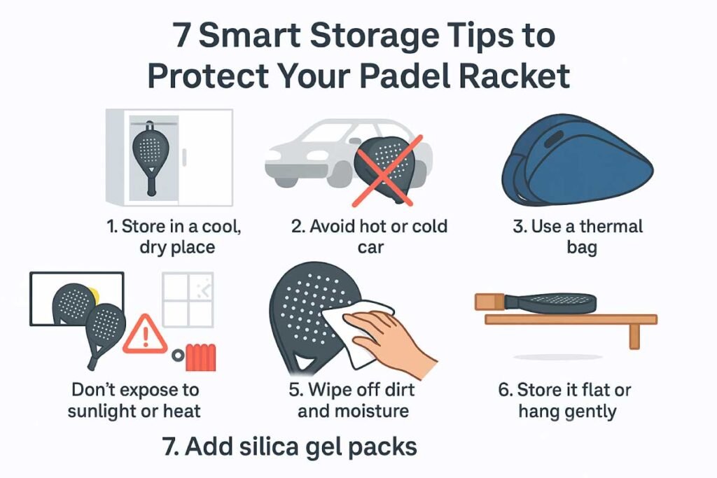 7 Smart Ways to Store Your Padel Racket Without Brutal Damage 3 7 smart storage tips for padel rackets, including indoor placement, padded bags, humidity control, and cleaning guidance.
