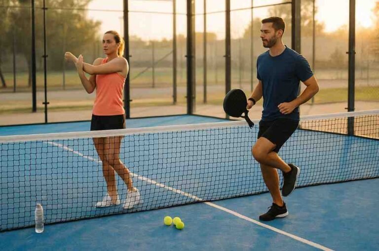 How to Warm Up for Padel: Best Pre-Game Routine 1 Male and female padel players doing stretches and dynamic drills as a warm up for padel on a blue court before their match