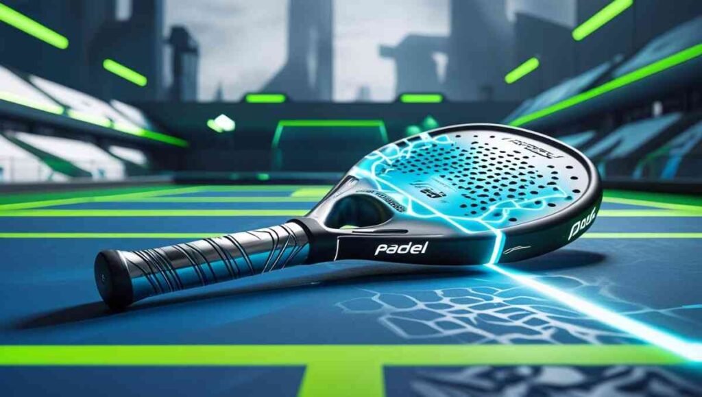 Future of Padel Rackets: Top Innovations & Emerging Trends in 2025 3 future of padel rackets concept with AI technology on a digital padel court