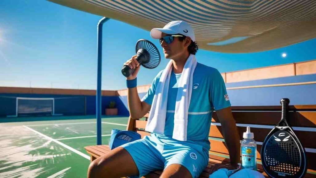 Can You Play Padel in Summer? Tips to Stay Cool & Protect Your Racket 3 adel player in summer gear using cooling accessories and lightweight clothing on a sunny court.