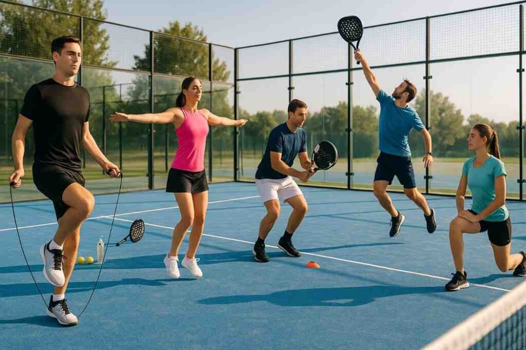 Padel players doing jump rope, shoulder rolls, shadow smashes, and lateral shuffles during pre-match warm-up on blue court