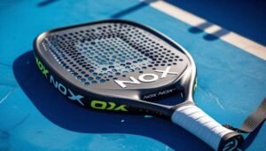 Home 43 Close-up of popular Nox padel rackets with carbon fiber finish on padel court”