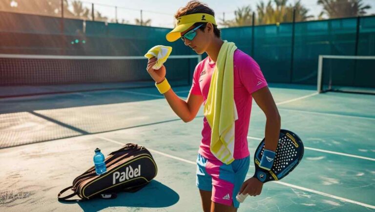 Can You Play Padel in Summer? Tips to Stay Cool & Protect Your Racket 5 Padel player staying cool while playing padel in summer on a sunny court, with cooling gear and water bottle visible.