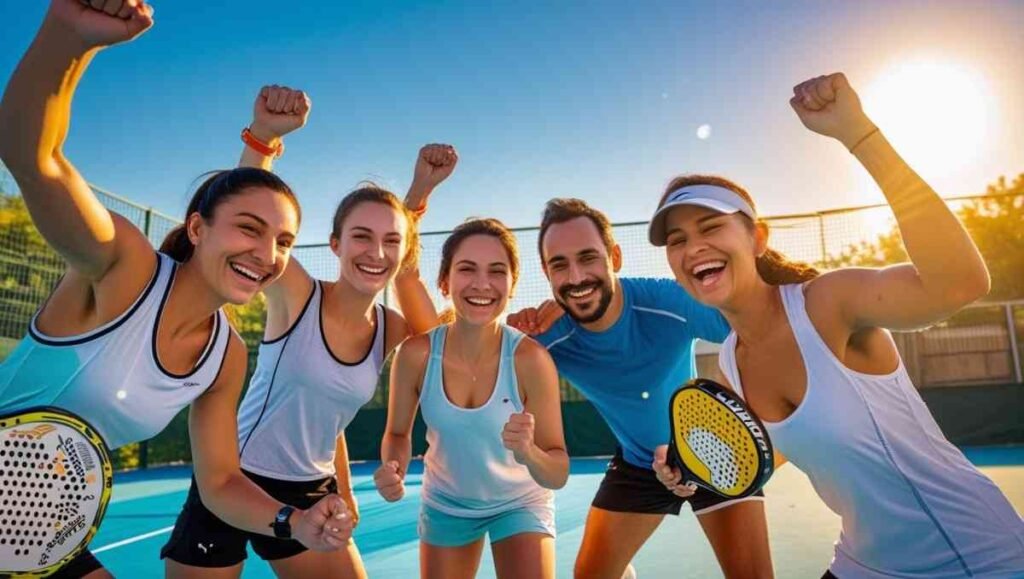 Can You Play Padel in Summer? Tips to Stay Cool & Protect Your Racket 2 Group of friends playing padel under summer sun, showing physical activity, teamwork, and social enjoyment.