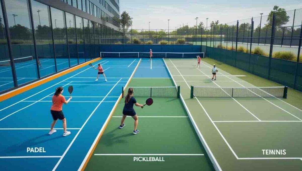Is Padel Growing in the USA? What the World Needs to Know 2 Padel vs Pickleball vs Tennis comparison showing court size, equipment, and gameplay differences in side-by-side layout