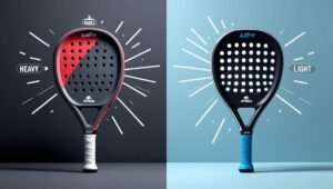 Home 47 infographic comparing heavy vs light padel rackets by weight, player type, and performance traits