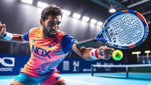 Padel player using a Nox racket during an intense 2025 match, showcasing why is Nox a good padel brand for serious players.