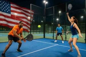 Home 31 Is padel growing in the USA? Outdoor padel players enjoying a lively match on a modern American court with a city backdrop