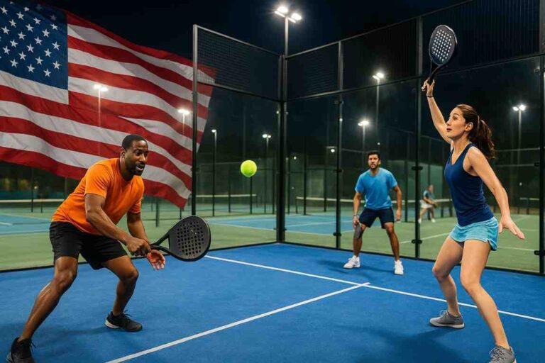 Is Padel Growing in the USA? What the World Needs to Know 2 Is padel growing in the USA? Outdoor padel players enjoying a lively match on a modern American court with a city backdrop