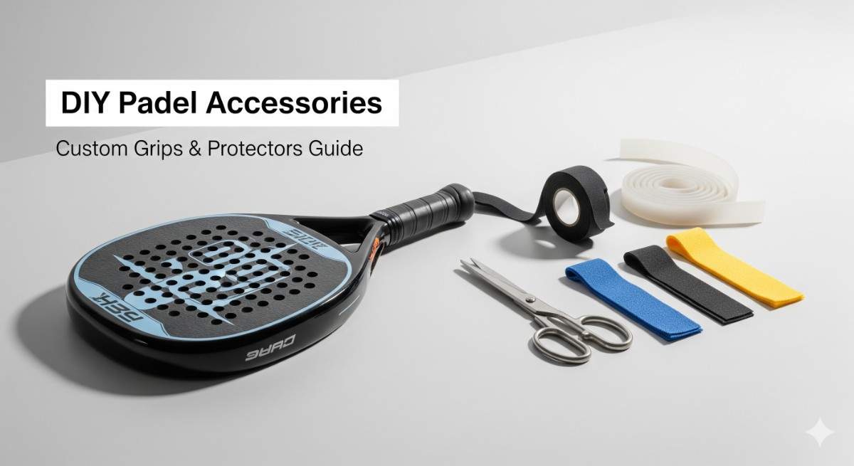 DIY Padel Accessories: Custom Grips & Protectors Guide 2025 1 DIY Padel Accessories – custom grips and frame protectors with tape, silicone wrap, and racket on a clean background