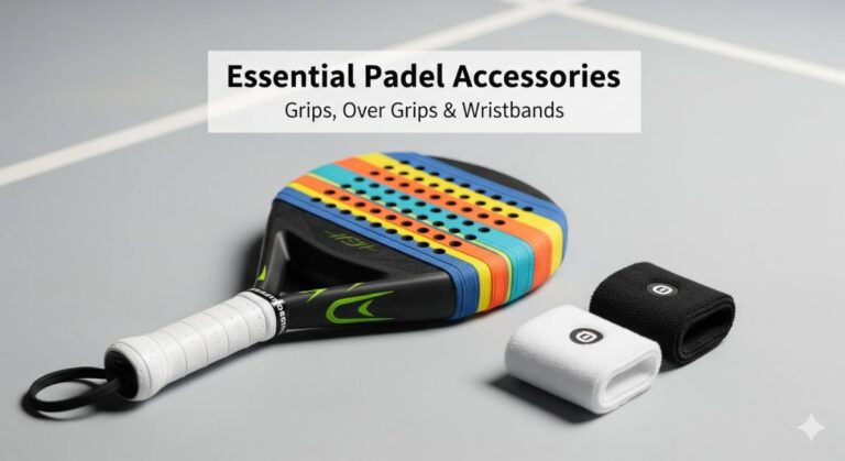 Essential padel accessories including grips, overgrips, and wristbands on a padel court