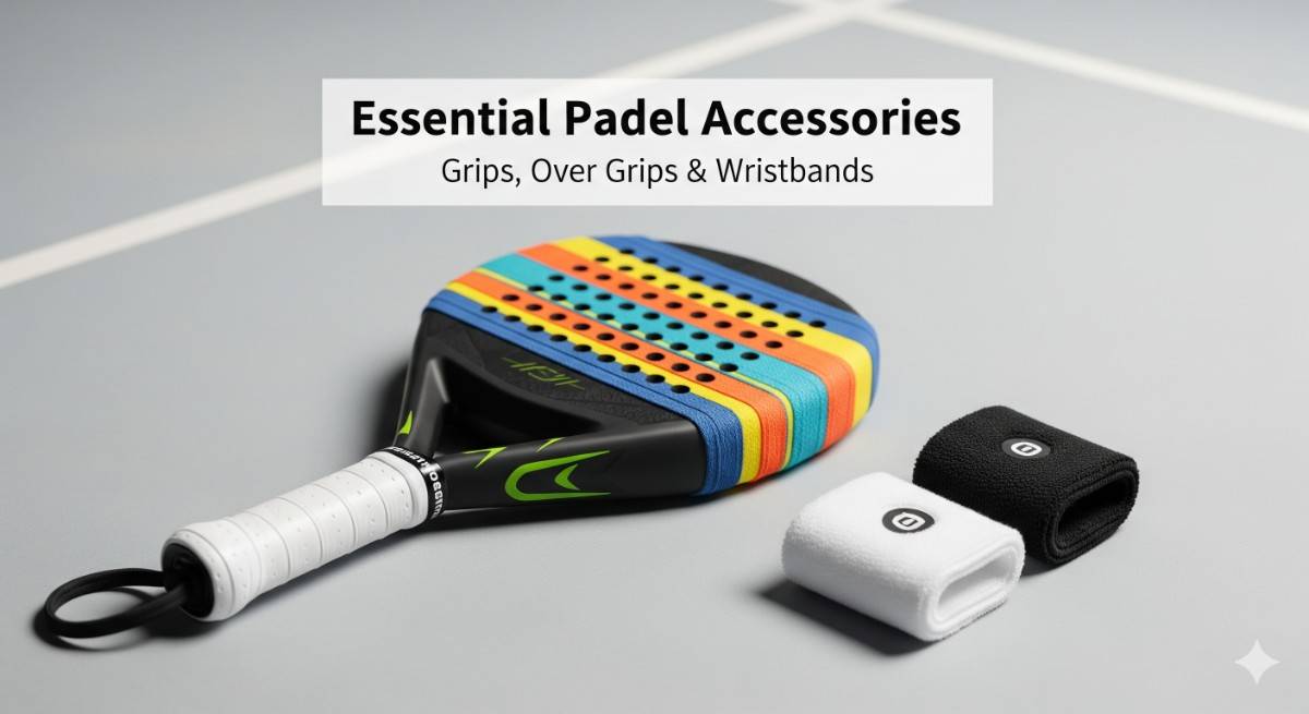 Essential padel accessories including grips, overgrips, and wristbands on a padel court