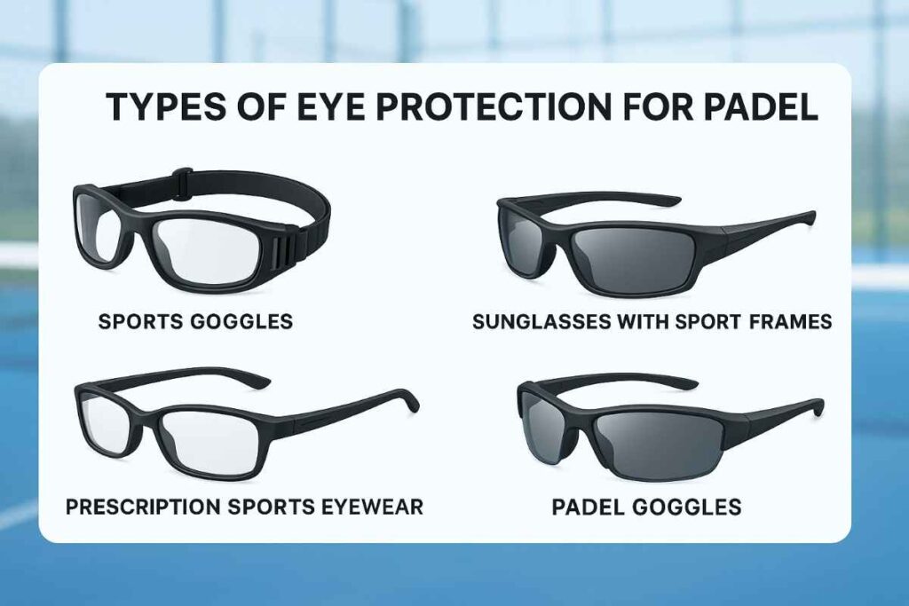 Padel Goggles & Eye Protection: Stay Safe on Court 2 Infographic showing four types of eye protection for padel: sports goggles with strap, sunglasses with sports frames, prescription sports eyewear, and professional padel goggles, set against a blurred padel court background.