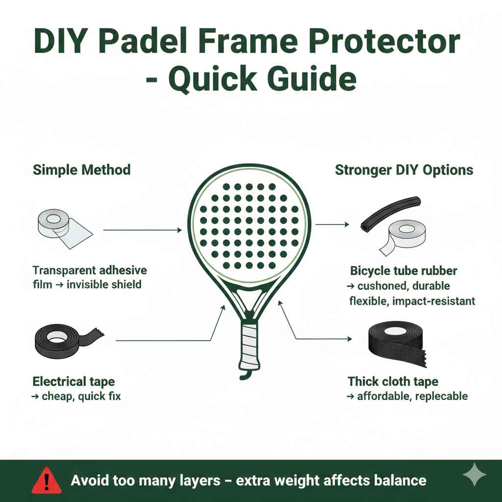 DIY Padel Accessories: Custom Grips & Protectors Guide 2025 5 Infographic showing DIY padel frame protector methods with simple tape and stronger silicone or rubber options