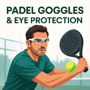 Padel player wearing protective goggles with text padel goggles and eye protection