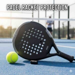 Racket Protectors & Dampeners – Do Padel Players Need Them? shown on a padel racket with frame protector and vibration dampener on court